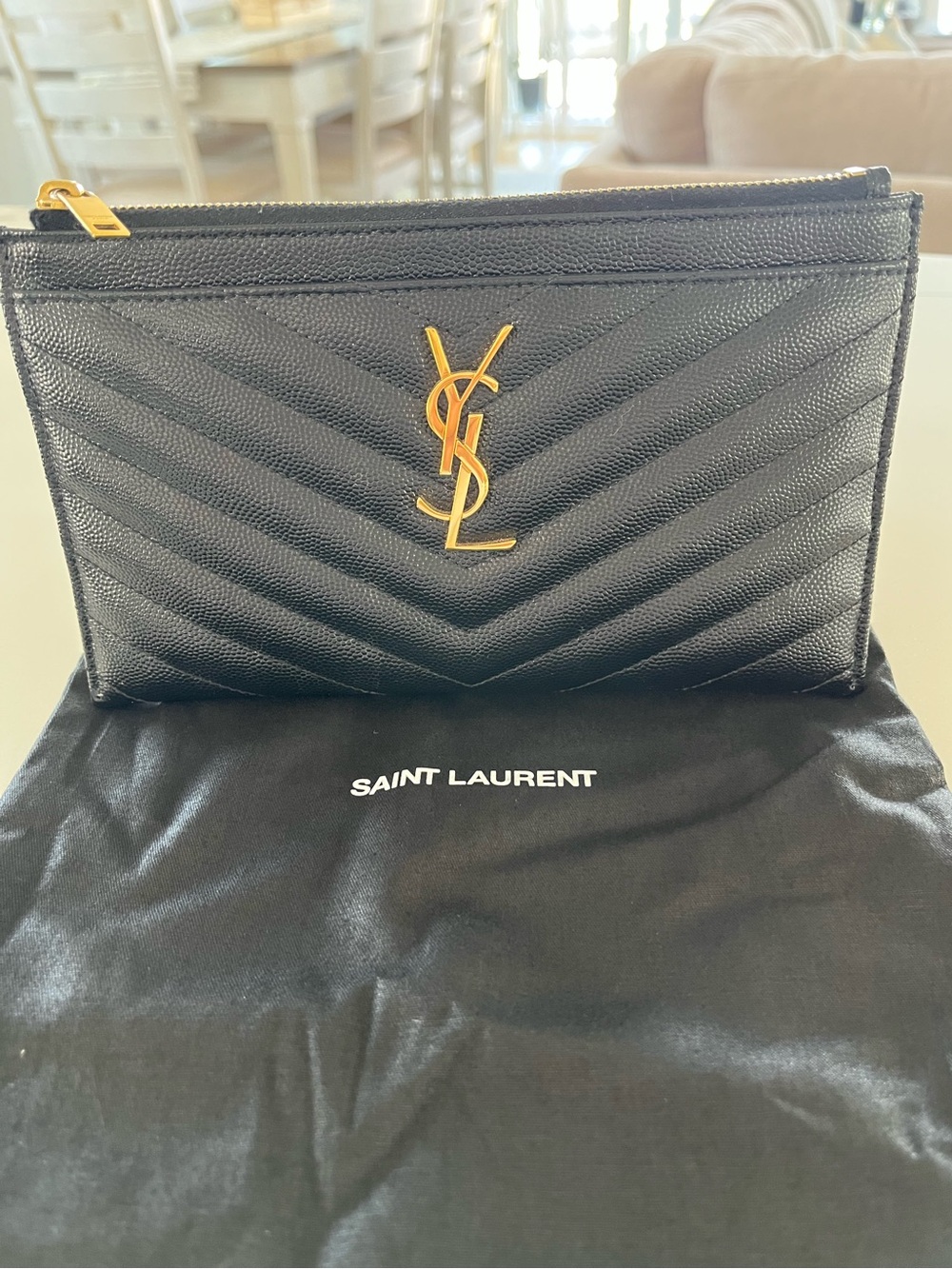 Saint Laurent Cassandre Zip Pouch Clutch Black Grain De Poudre Leather Gold YSL - Picture 2 of 11